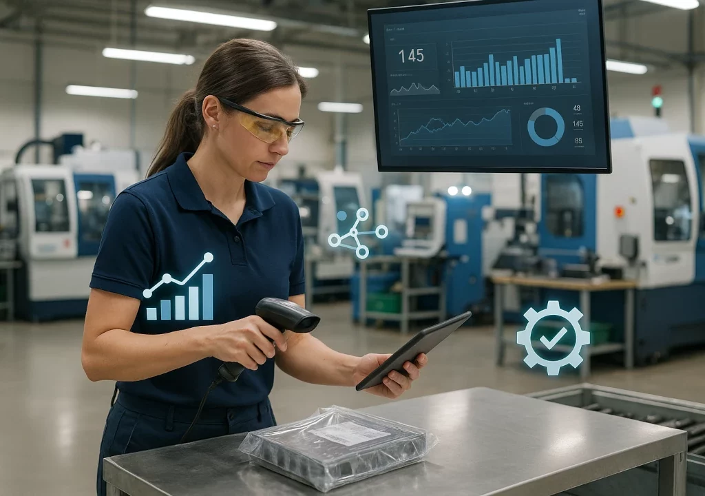 KI-generiertes Bild: Eine Fabrikmitarbeiterin mit Schutzbrille scannt eine verpackte Baugruppe mit einem Handscanner vor einem Tablet; im Hintergrund ein großes Industrie-Monitoring-Display mit Balken-, Linien- und Kreisdiagramm.