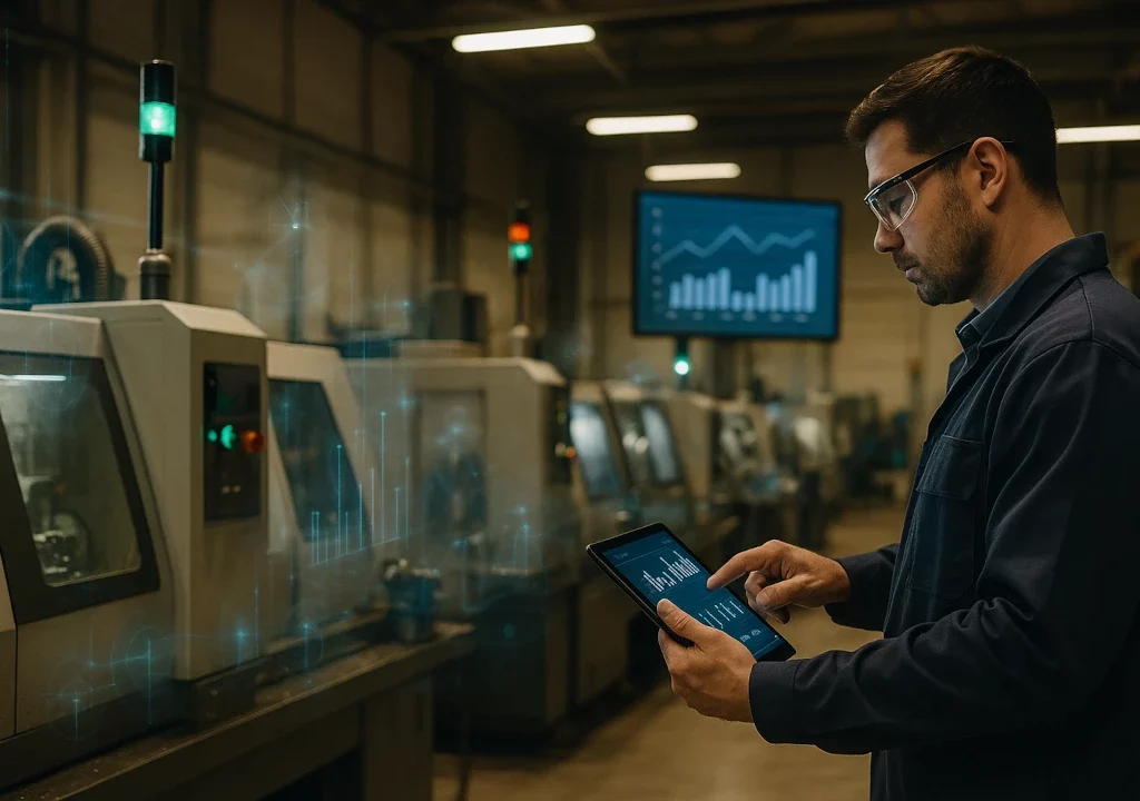 KI-generiertes Bild: Ein Techniker mit Schutzbrille in einer Fertigungshalle steht vor einer Reihe von Maschinen, hält ein Tablet, auf dem er Daten berührt; im Hintergrund hängt ein Monitor mit Balkendiagrammen und über den Maschinen schweben digitale Sensor- und Netzwerk-Icons.