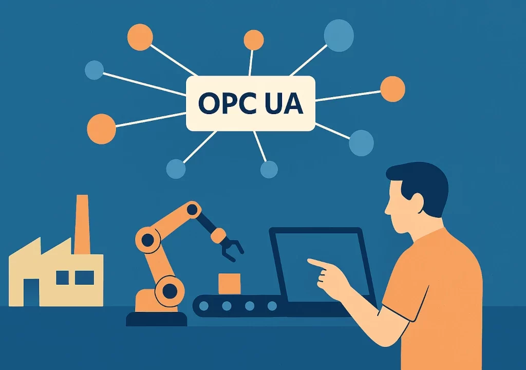 KI-generiertes Bild: Ein zentrales Feld mit OPC UA, das per Linien mit acht farbigen Punkten verbunden ist; darunter eine Fabrik, ein Roboterarm an einem Förderband und eine Person, die auf einen Laptop zeigt.