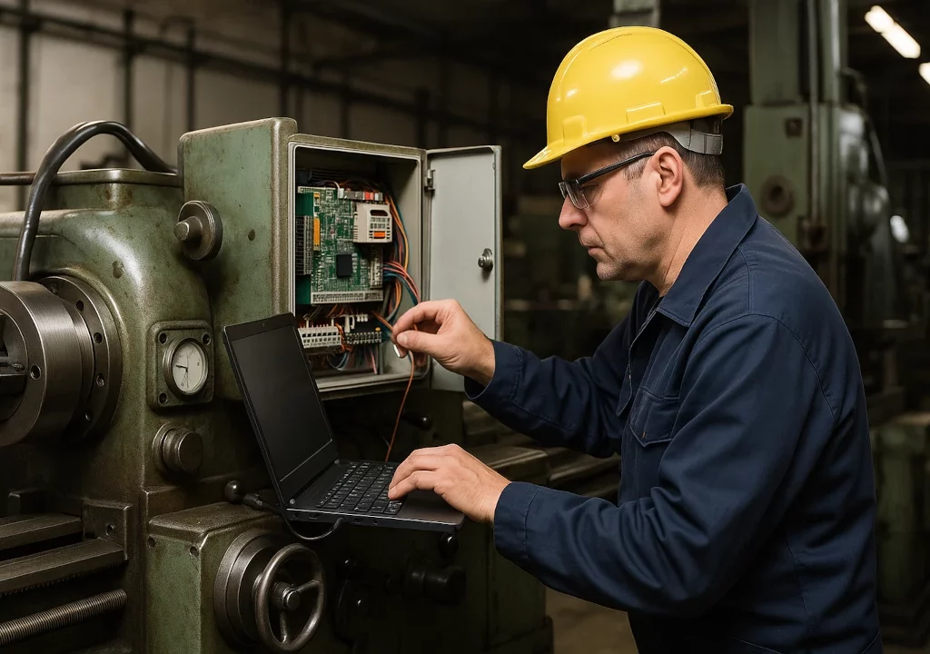 KI-generiertes Bild: Ein Techniker mit gelbem Schutzhelm und Schutzbrille arbeitet an einer geöffneten Steuerung einer Industriemaschine und tippt auf einem aufgeklappten Laptop.